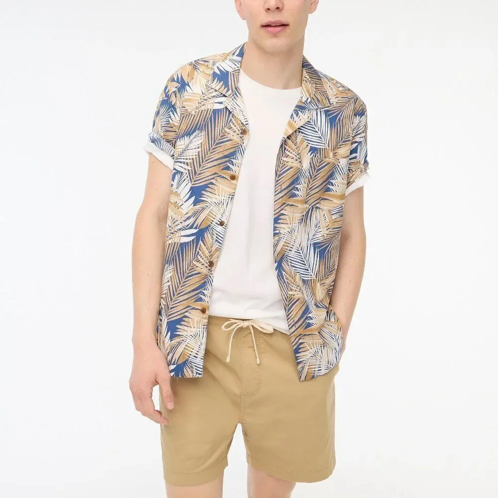 J Crew Men's Printed Flex Shirt Button Front Cotton Tropical Tan Blue Large